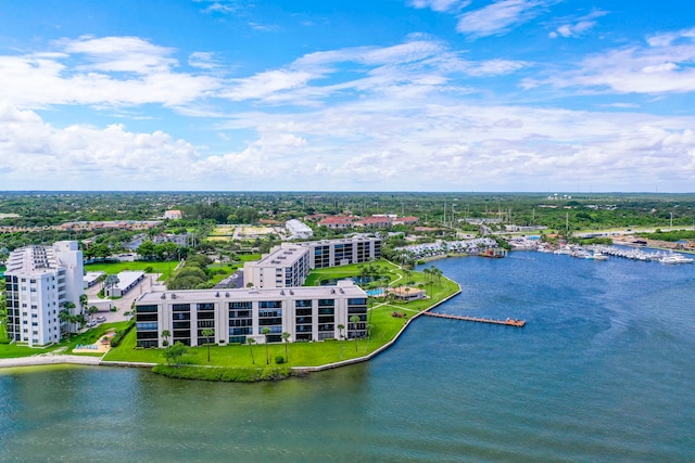 drone / aerial view featuring a water view