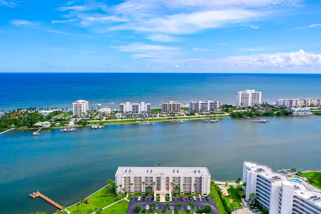 aerial view with a water view and a city view