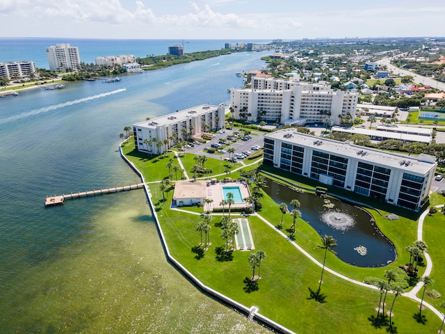 drone / aerial view with a water view and a view of city