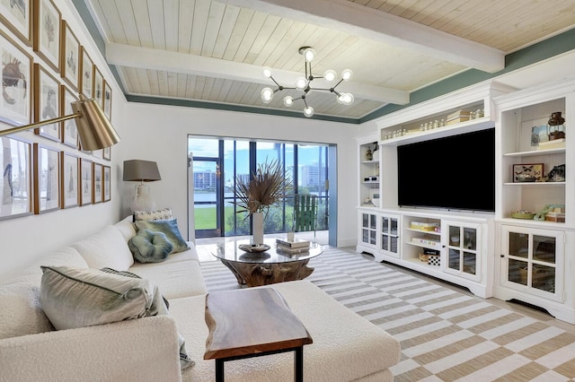 carpeted living area with built in shelves, wooden ceiling, beam ceiling, and an inviting chandelier