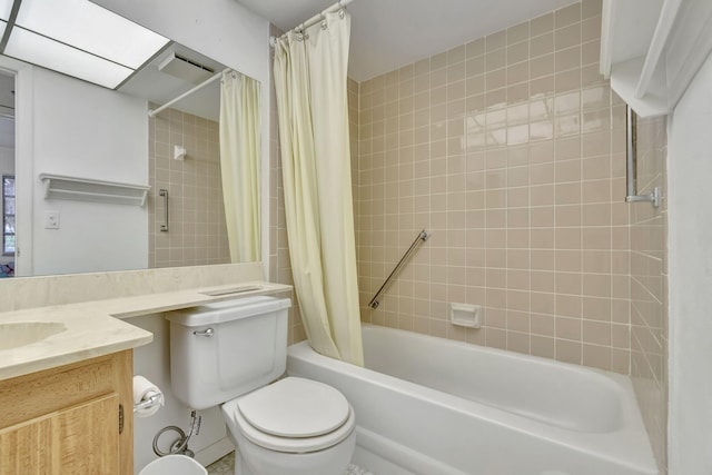 full bathroom featuring vanity, shower / bathtub combination with curtain, and toilet