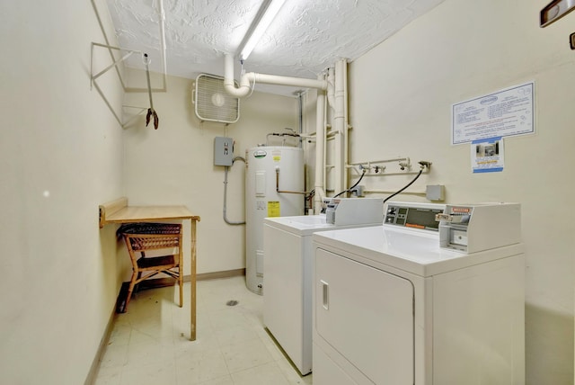 laundry room with separate washer and dryer, a textured ceiling, and water heater