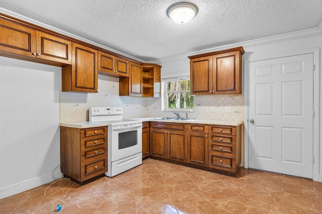 kitchen featuring sink, crown molding, decorative backsplash, and electric range