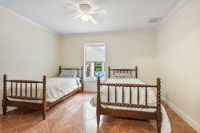 bedroom featuring crown molding, a textured ceiling, and ceiling fan