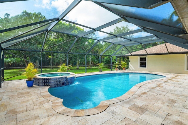 view of swimming pool featuring a patio area, a lanai, an in ground hot tub, and pool water feature