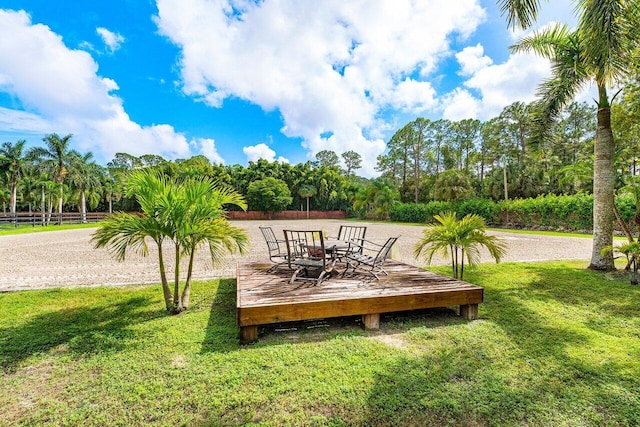 wooden terrace featuring a lawn