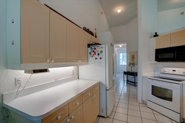 kitchen featuring high vaulted ceiling, white appliances, a textured ceiling, and light tile patterned flooring