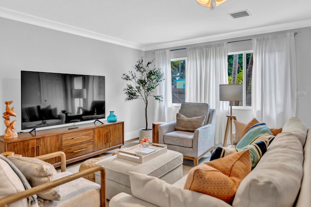 living room with ornamental molding