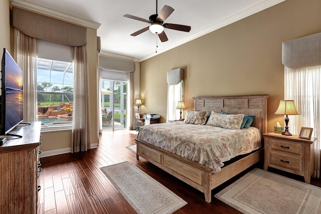 bedroom with ceiling fan, ornamental molding, and dark hardwood / wood-style floors