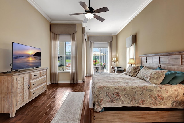 bedroom with crown molding, dark hardwood / wood-style floors, and ceiling fan