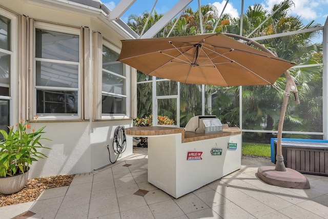 view of patio / terrace featuring area for grilling and glass enclosure