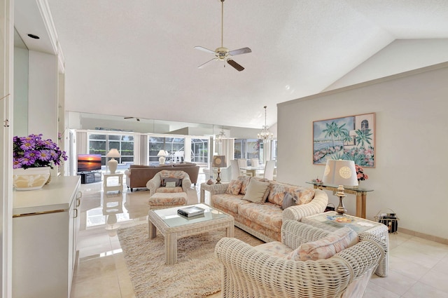 tiled living room with ceiling fan with notable chandelier and lofted ceiling