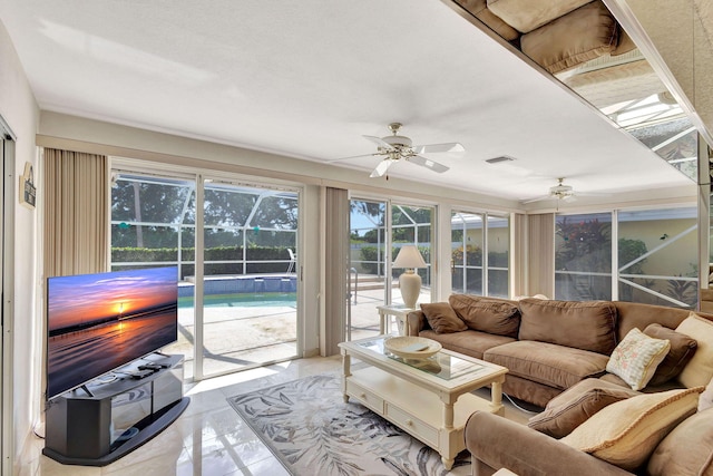 interior space featuring ceiling fan