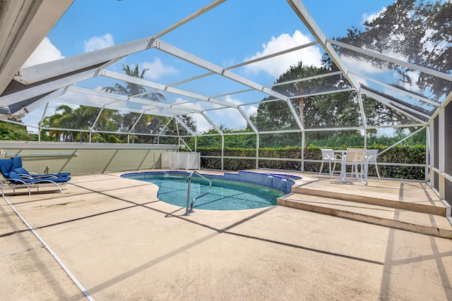 view of swimming pool with a lanai and a patio area