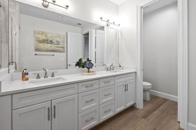 bathroom with vanity, toilet, and wood-type flooring