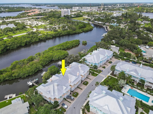 aerial view featuring a water view