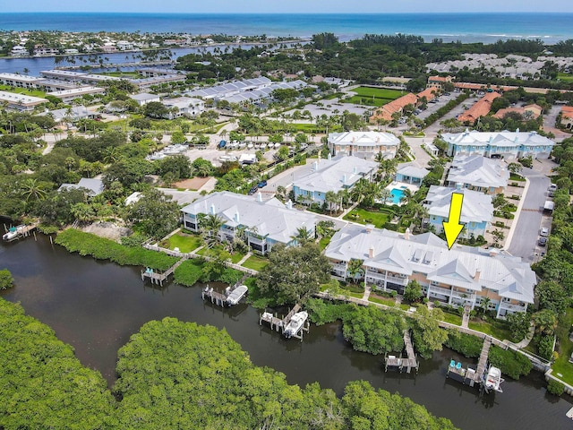 drone / aerial view featuring a water view