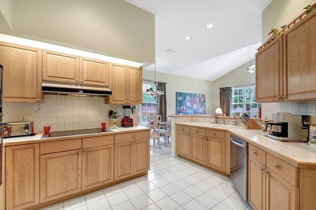 kitchen with tasteful backsplash, under cabinet range hood, dishwasher, vaulted ceiling, and a peninsula