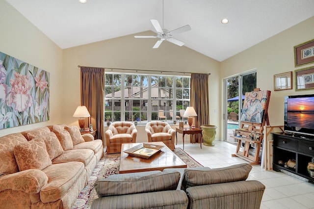 living room featuring light tile patterned floors, recessed lighting, a ceiling fan, and high vaulted ceiling