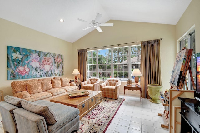 living area featuring light tile patterned floors, ceiling fan, recessed lighting, and high vaulted ceiling