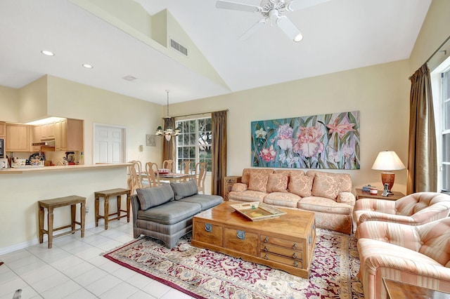 living room featuring light tile patterned floors, visible vents, recessed lighting, high vaulted ceiling, and ceiling fan with notable chandelier