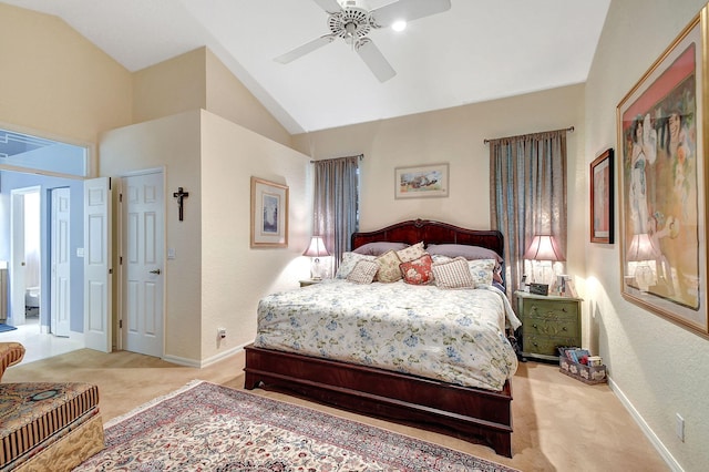 bedroom with light colored carpet, vaulted ceiling, a textured wall, baseboards, and a ceiling fan