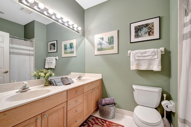 bathroom featuring vanity, a shower with shower curtain, toilet, and tile patterned flooring