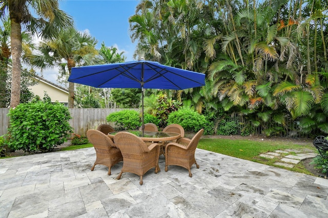 view of patio with fence and outdoor dining area
