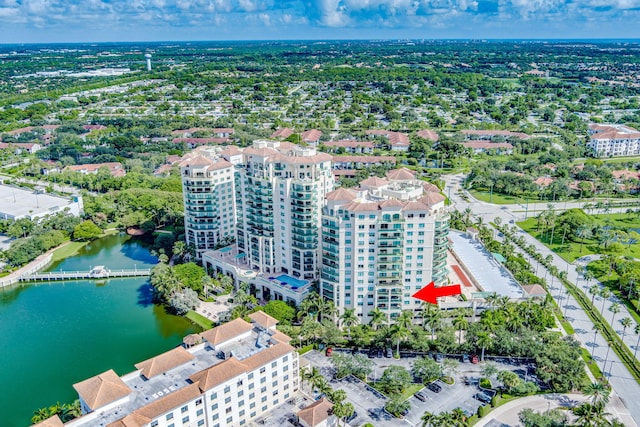 aerial view featuring a water view