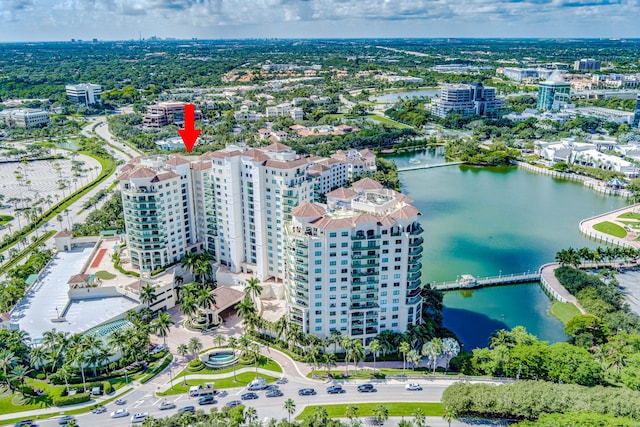 birds eye view of property featuring a water view