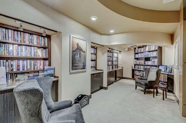 sitting room with rail lighting and light carpet