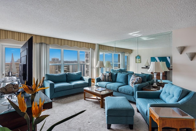 carpeted living room featuring a textured ceiling