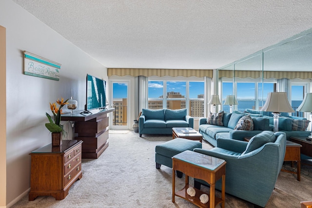 carpeted living room with a textured ceiling