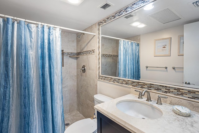 bathroom with walk in shower, decorative backsplash, vanity, and toilet