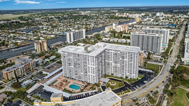 birds eye view of property featuring a water view