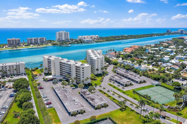 birds eye view of property featuring a water view