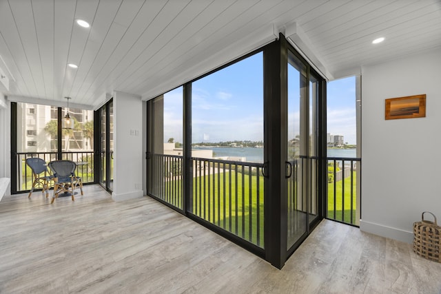 sunroom / solarium with a water view