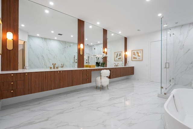 bathroom with vanity and plus walk in shower