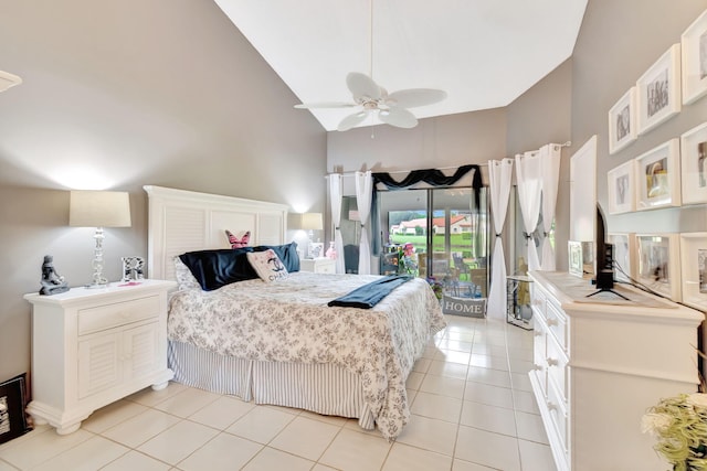 bedroom with high vaulted ceiling, access to outside, ceiling fan, and light tile patterned flooring