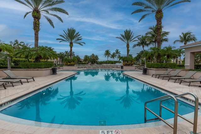 view of swimming pool featuring a patio area