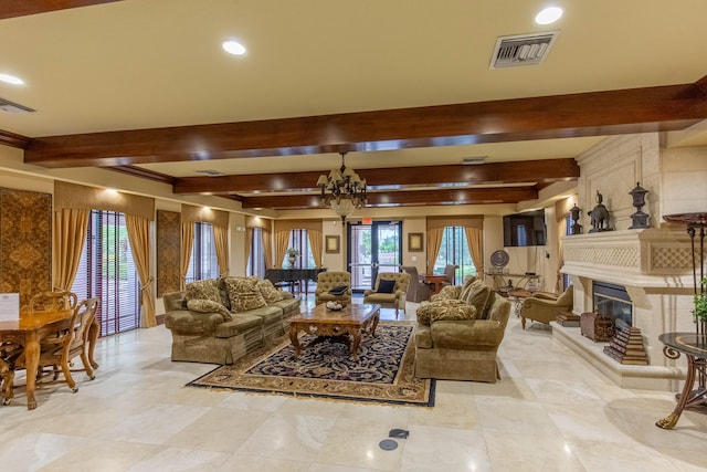 living room with beamed ceiling, a fireplace, and a chandelier