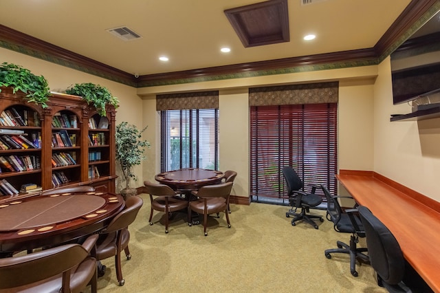 home office with ornamental molding and carpet floors