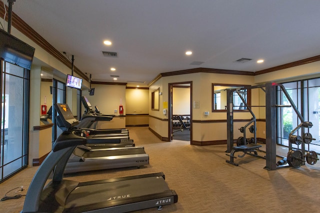 workout area featuring carpet and crown molding