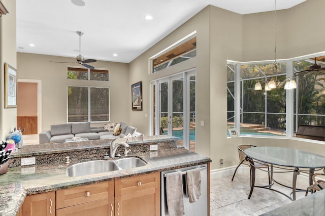 kitchen with dishwasher, a wealth of natural light, ceiling fan, and sink