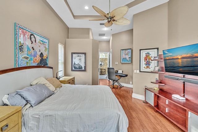 bedroom featuring ceiling fan and light wood-type flooring