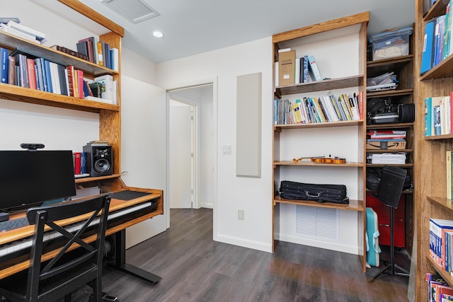 home office featuring dark hardwood / wood-style flooring