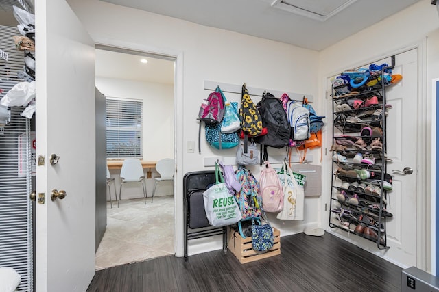 walk in closet with wood-type flooring