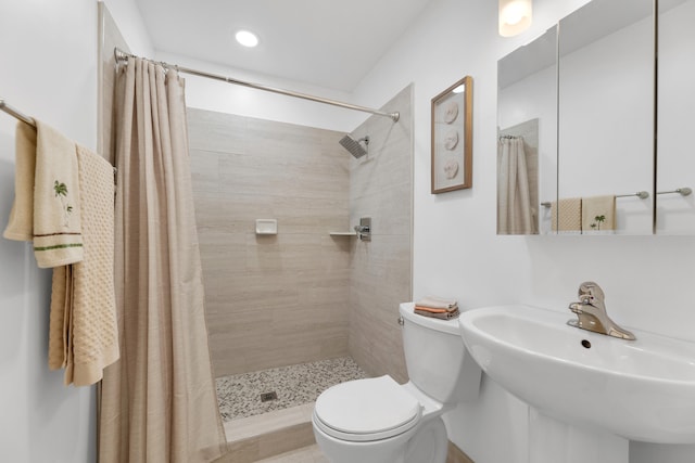 bathroom featuring walk in shower, toilet, and sink