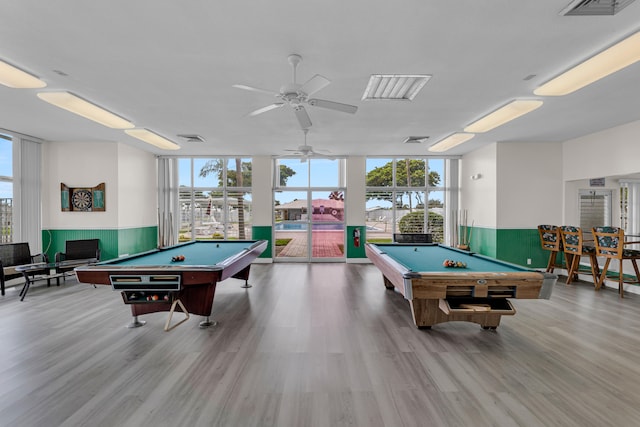 rec room with ceiling fan, billiards, and a wealth of natural light