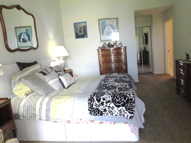 bedroom with dark carpet and a closet